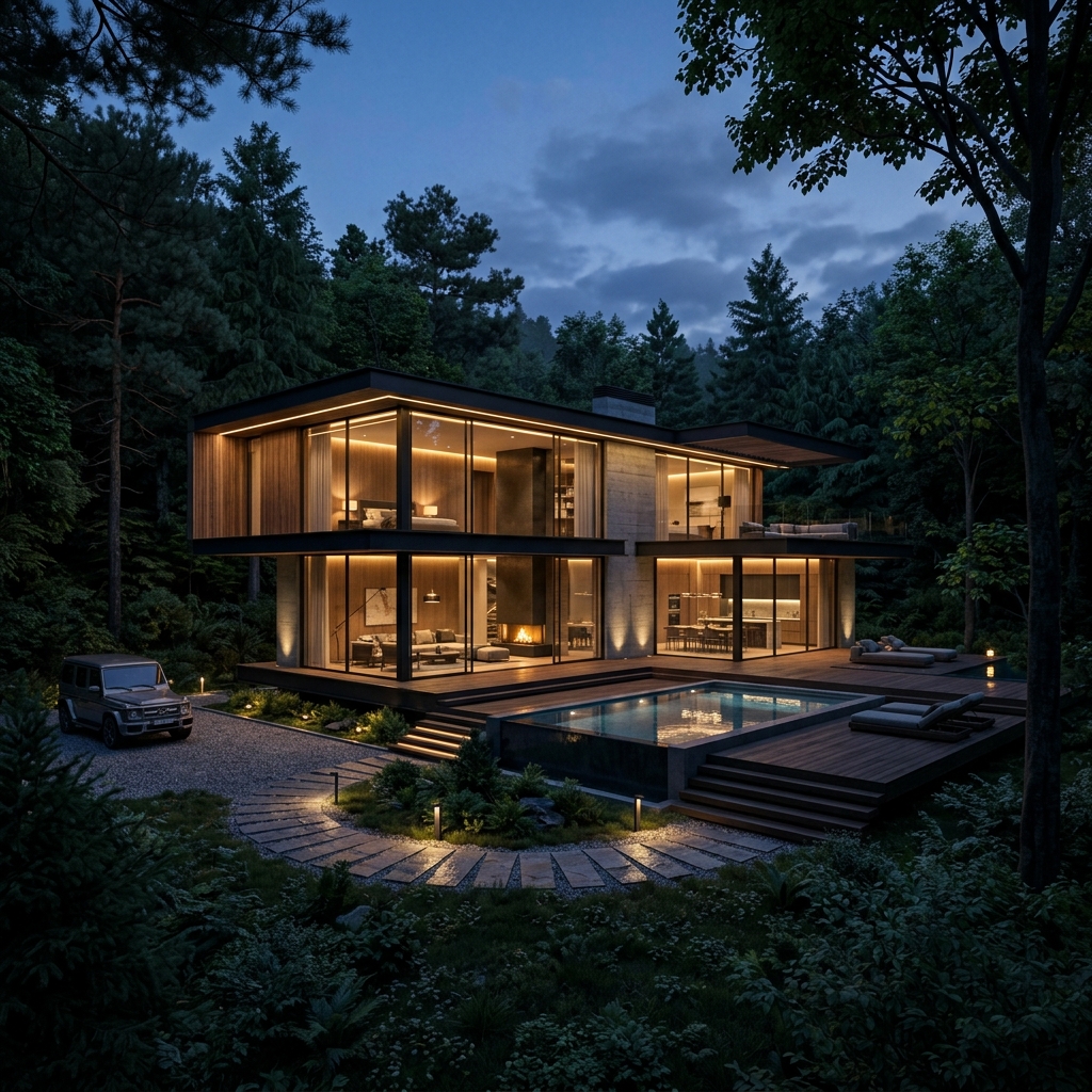 Photorealistic 3D Architectural Rendering of a Luxury Glass Mansion Exterior at Twilight