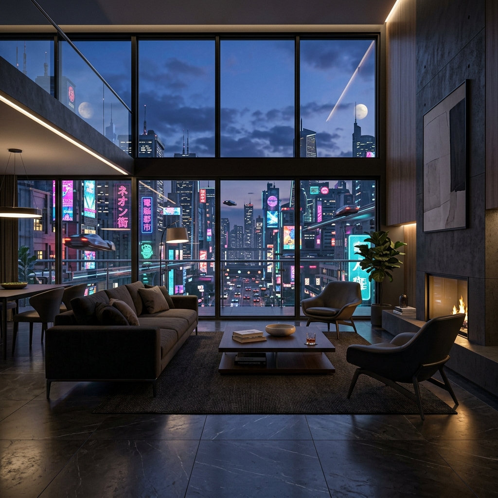Hyper-realistic 3D Rendering of a High-End Modern Penthouse Interior Living Room